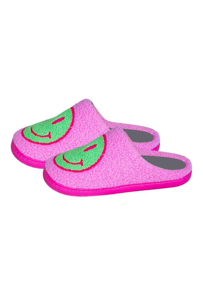 Neon Green And Hot Pink Smiley Slippers