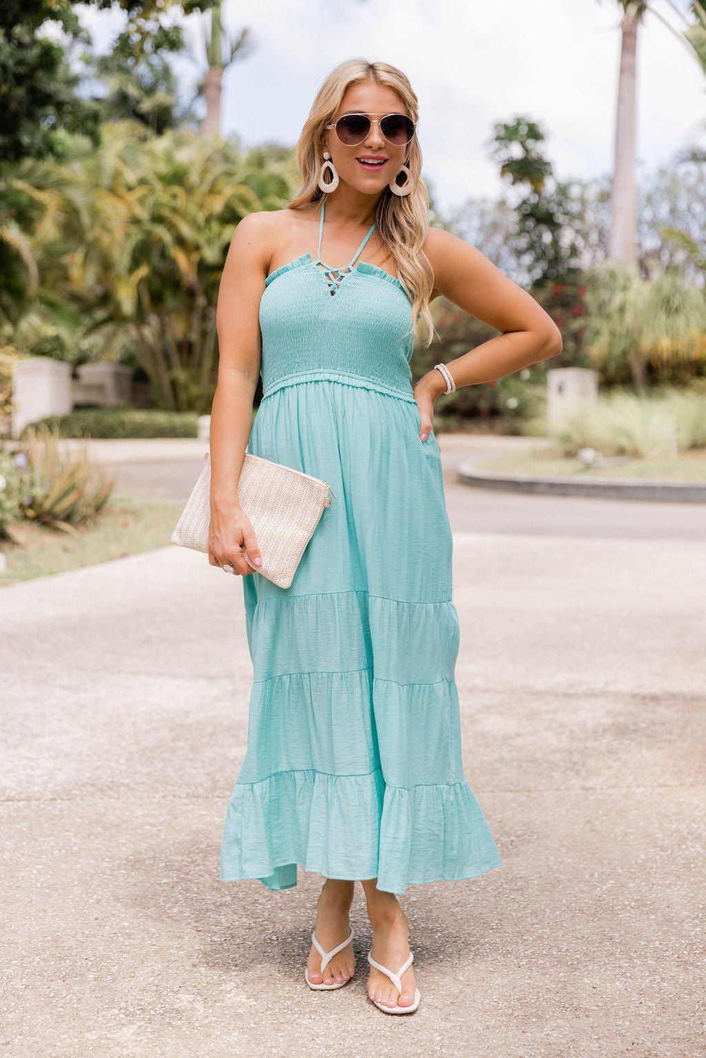 Pretty And Poised Aqua Halter Midi Dress Pink Lily