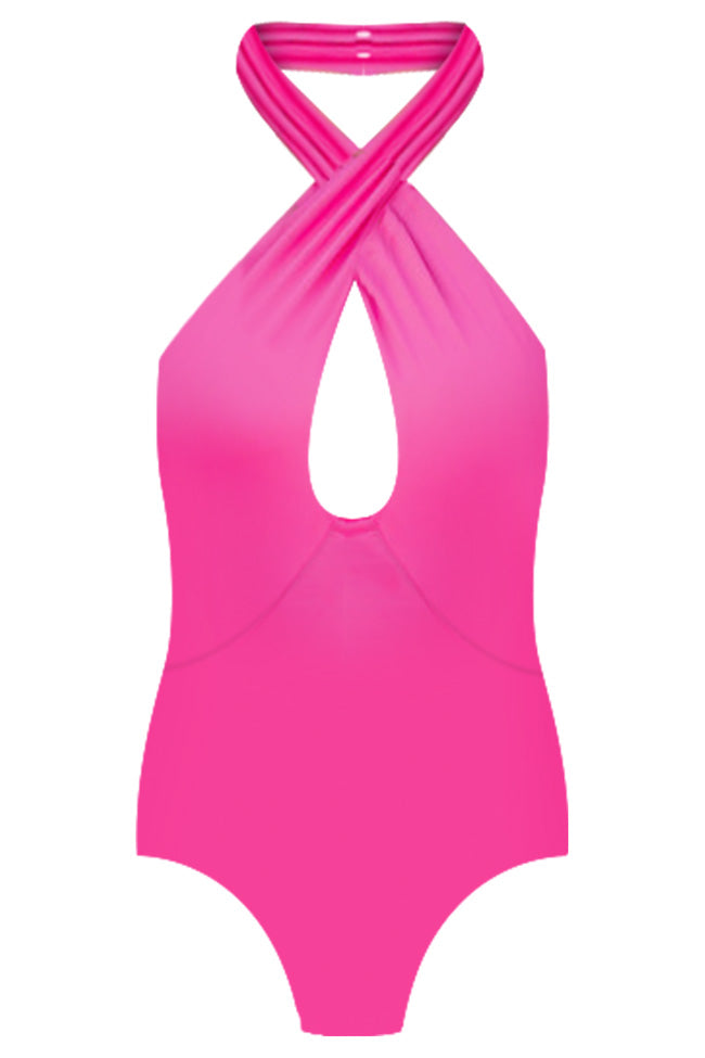 Spice Up Your Life Cross Front Halter Hot Pink Bodysuit FINAL SALE