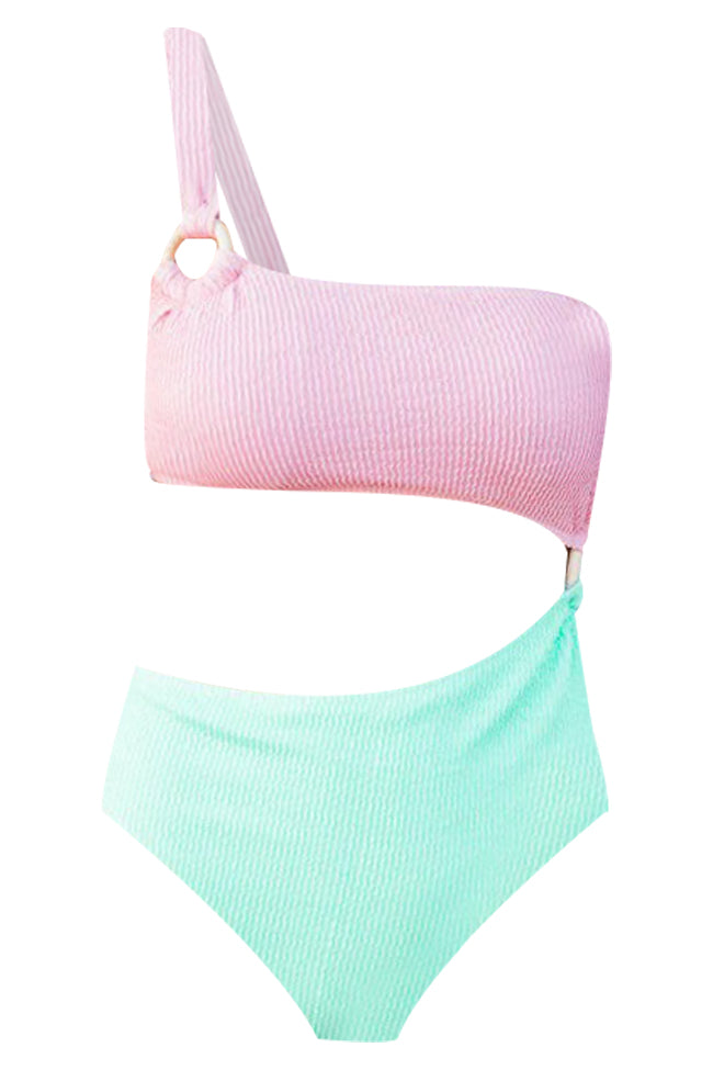 Sweet Daydreams Pink and Mint Cutout One Shoulder Swimsuit FINAL SALE