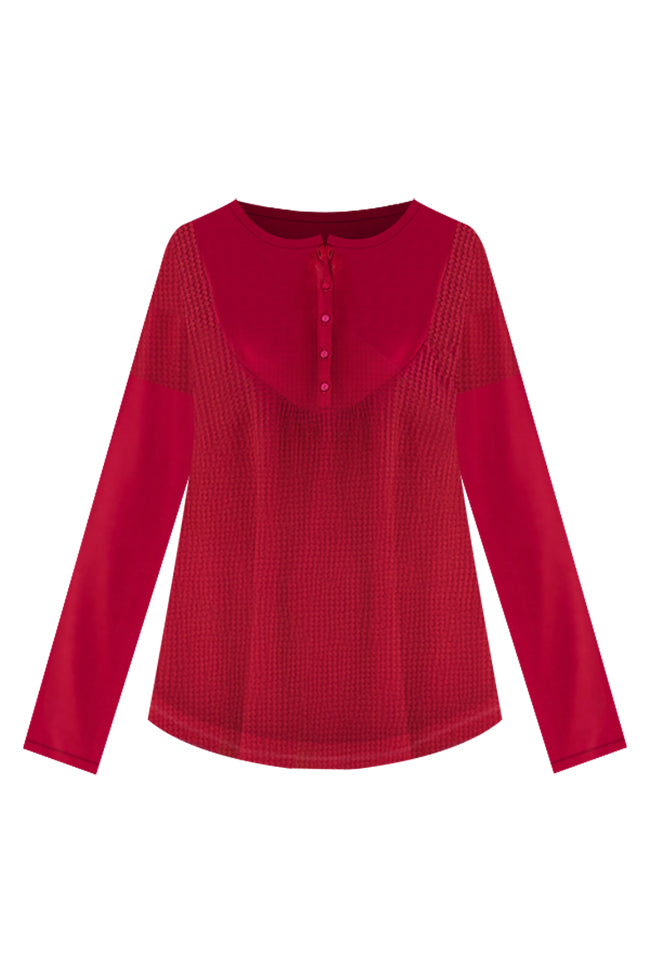 Take The Leap Cranberry Henley Waffle Knit Blouse