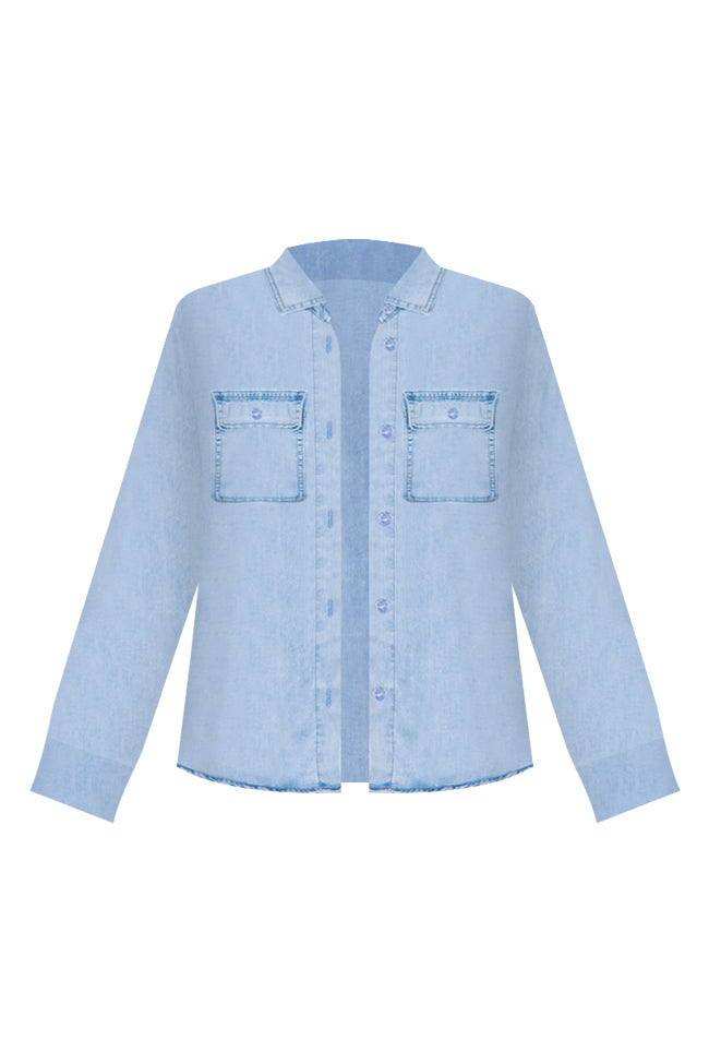 Tell Me Anything Chambray Light Wash Button Front Blouse
