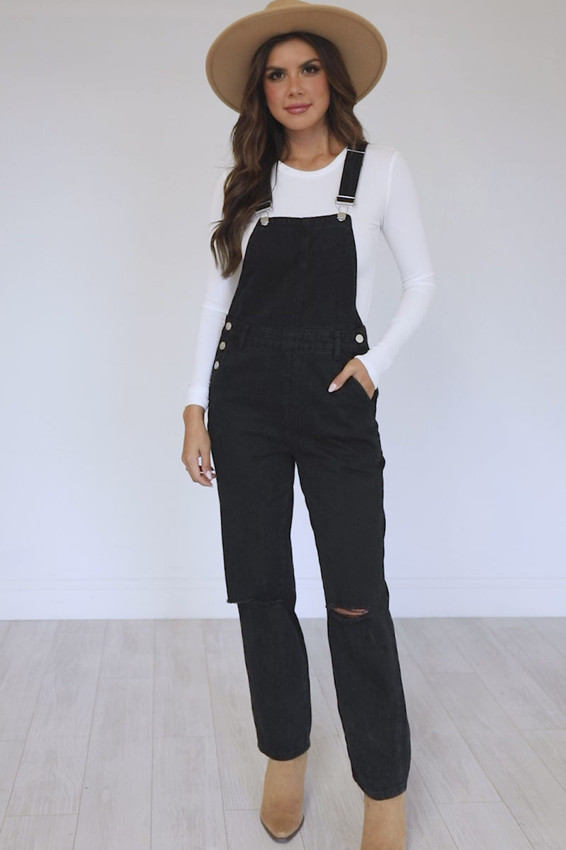 Keep Looking Up Black Overalls – Pink Lily
