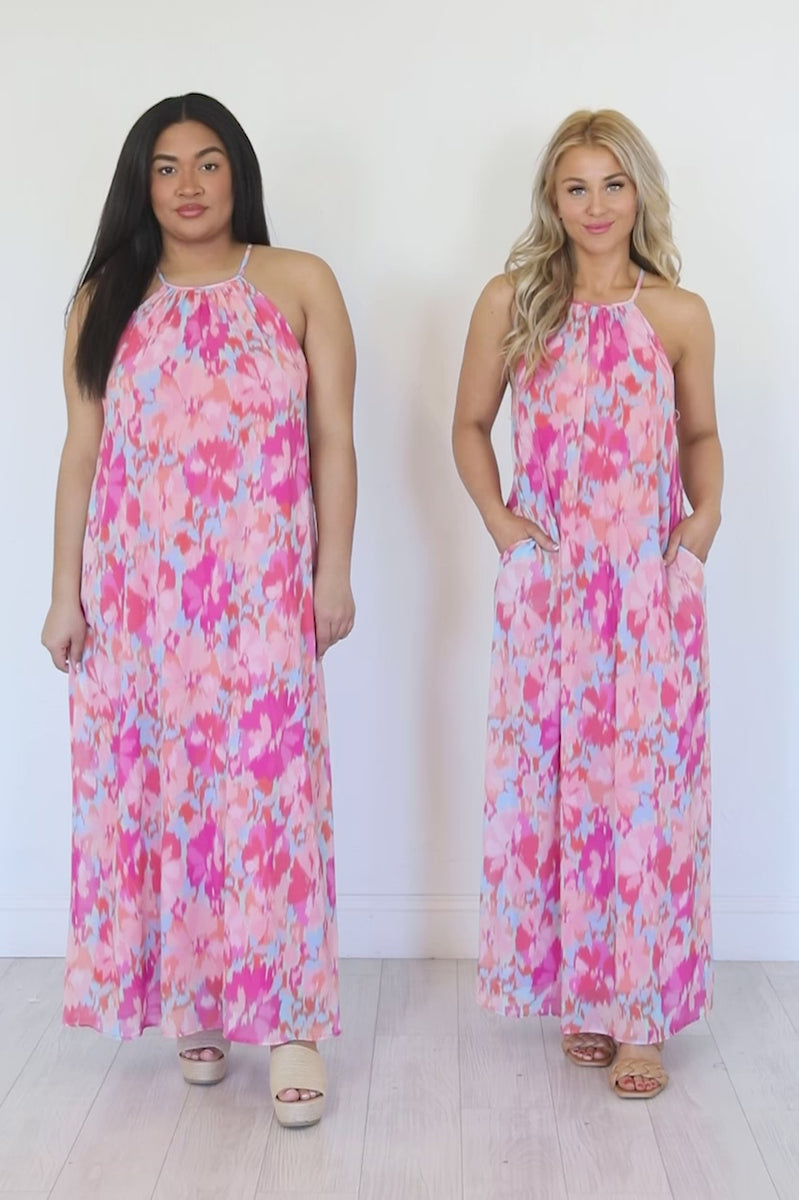On Island Time Watercolor Floral Halter Maxi Dress FINAL SALE – Pink Lily