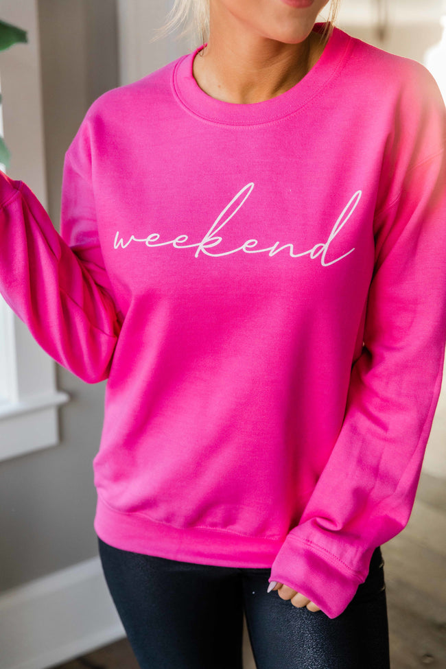 Weekend Script Hot Pink Graphic Sweatshirt
